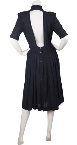 1980s Black Cotton Pleated Backless Dress