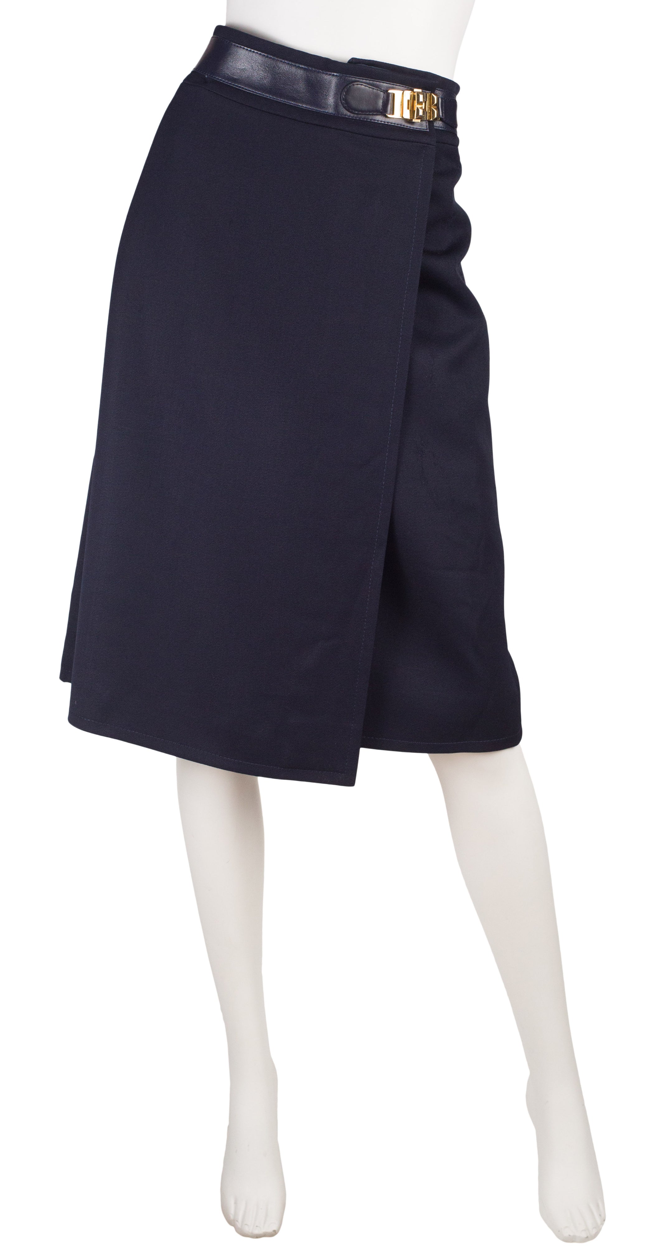 1970s Navy Worsted Wool & Leather Wrap Skirt