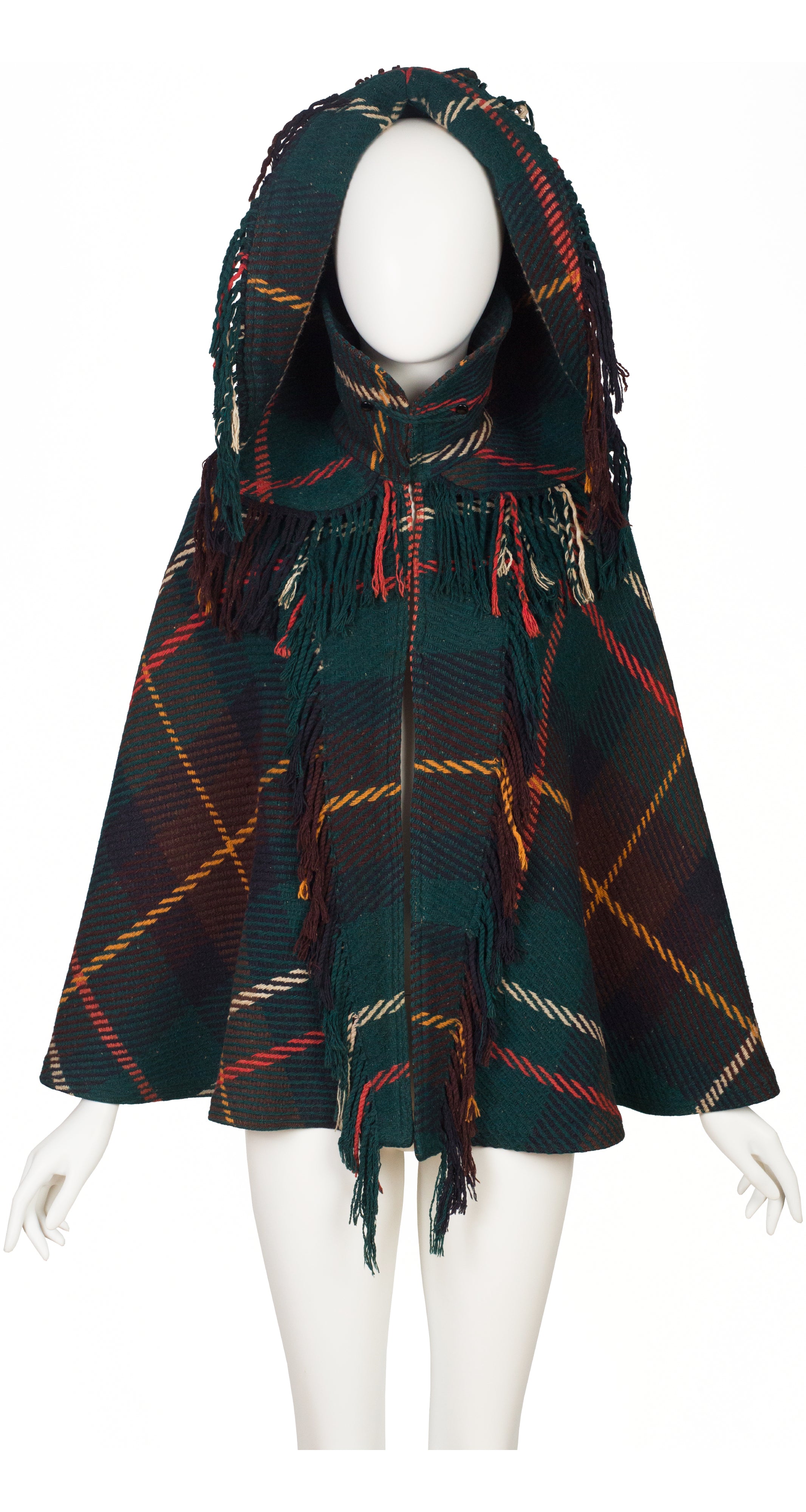 1890s Victorian Documented Plaid Wool Fringe Hooded Golf Cape