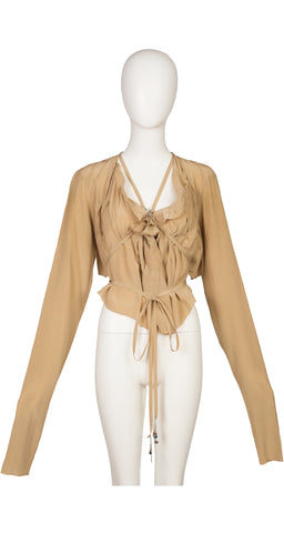 2000s Beige Silk Tie Wrap Long Sleeve Crop Top