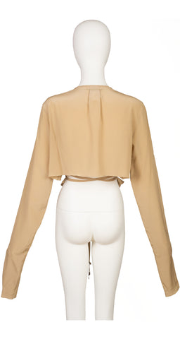 2000s Beige Silk Tie Wrap Long Sleeve Crop Top