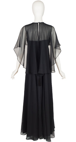 1970s Black Chiffon Empire Waist Evening Dress