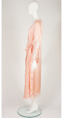 1930s Peach Silk & Floral Lace Angel Sleeve Dressing Gown