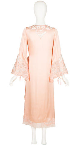 1930s Peach Silk & Floral Lace Angel Sleeve Dressing Gown