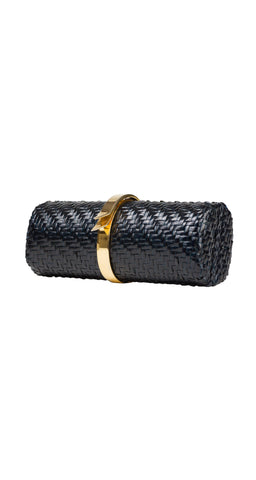 1970s Black Wicker Cylinder Clutch Bag
