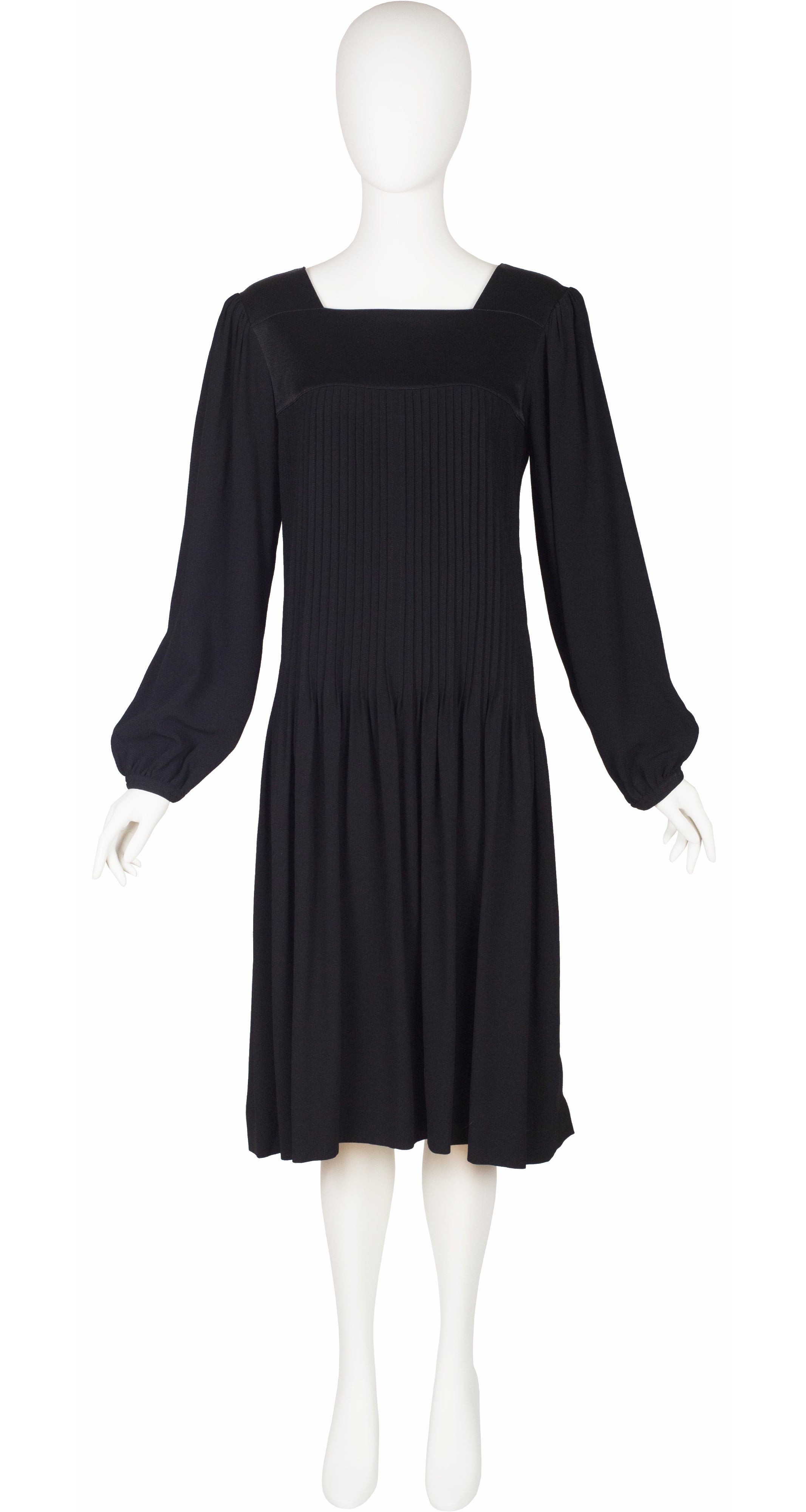 1980s Black Pleated Crepe Balloon Sleeve Dress