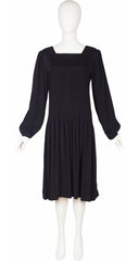 1980s Black Pleated Crepe Balloon Sleeve Dress