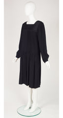 1980s Black Pleated Crepe Balloon Sleeve Dress