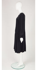 1980s Black Pleated Crepe Balloon Sleeve Dress