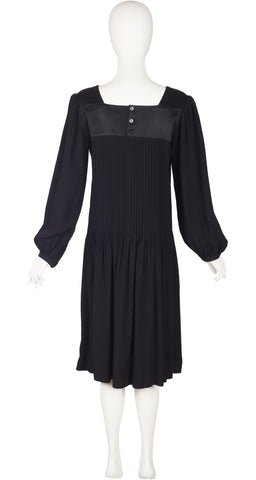 1980s Black Pleated Crepe Balloon Sleeve Dress