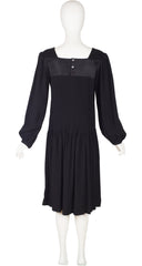 1980s Black Pleated Crepe Balloon Sleeve Dress