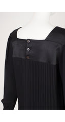 1980s Black Pleated Crepe Balloon Sleeve Dress