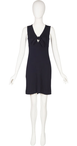 1990s Navy Blue Santana Knit Tie-Bust Mini Dress