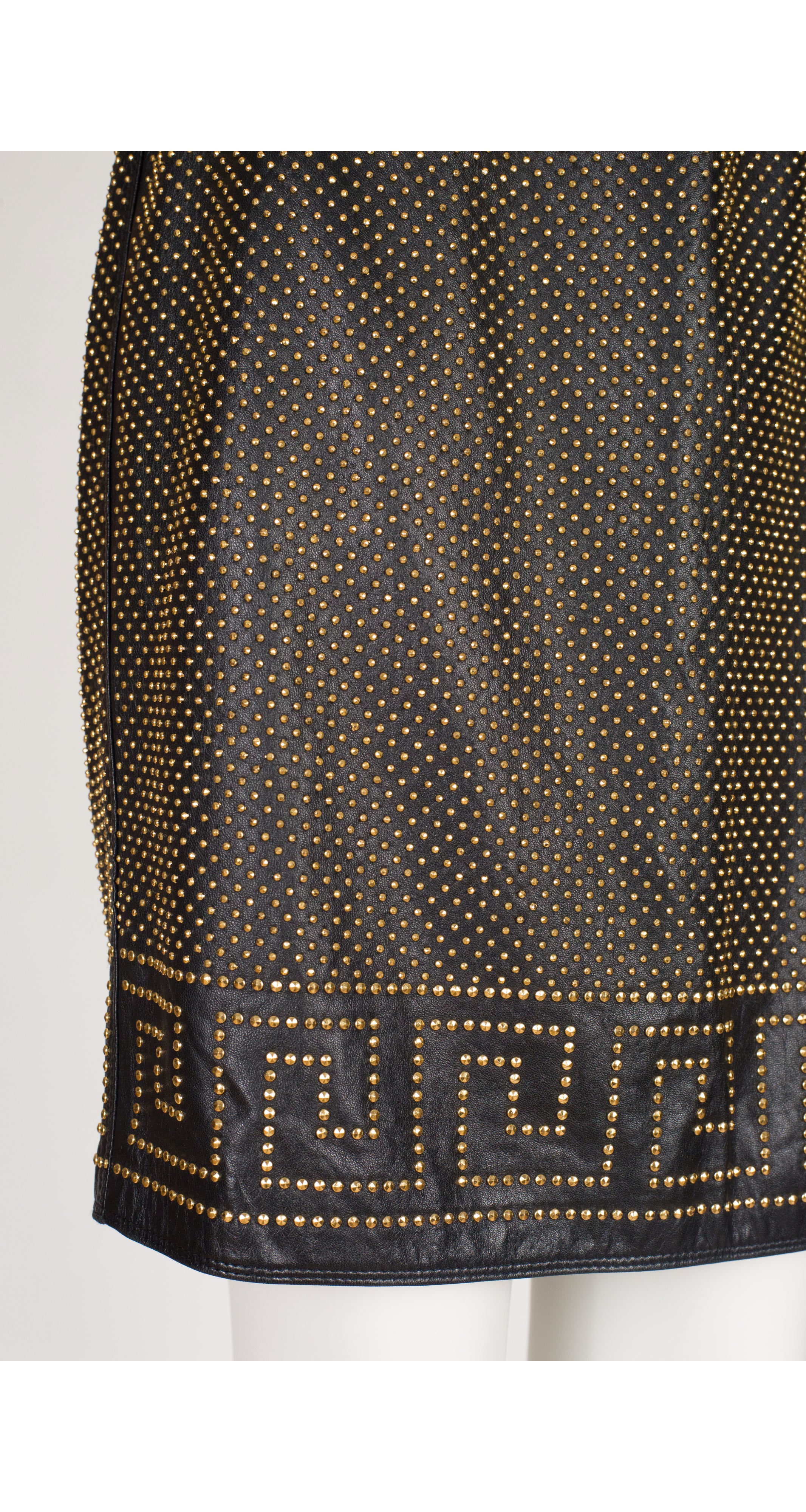 1992 Iconic Greek Key Gold Studded Black Leather Skirt