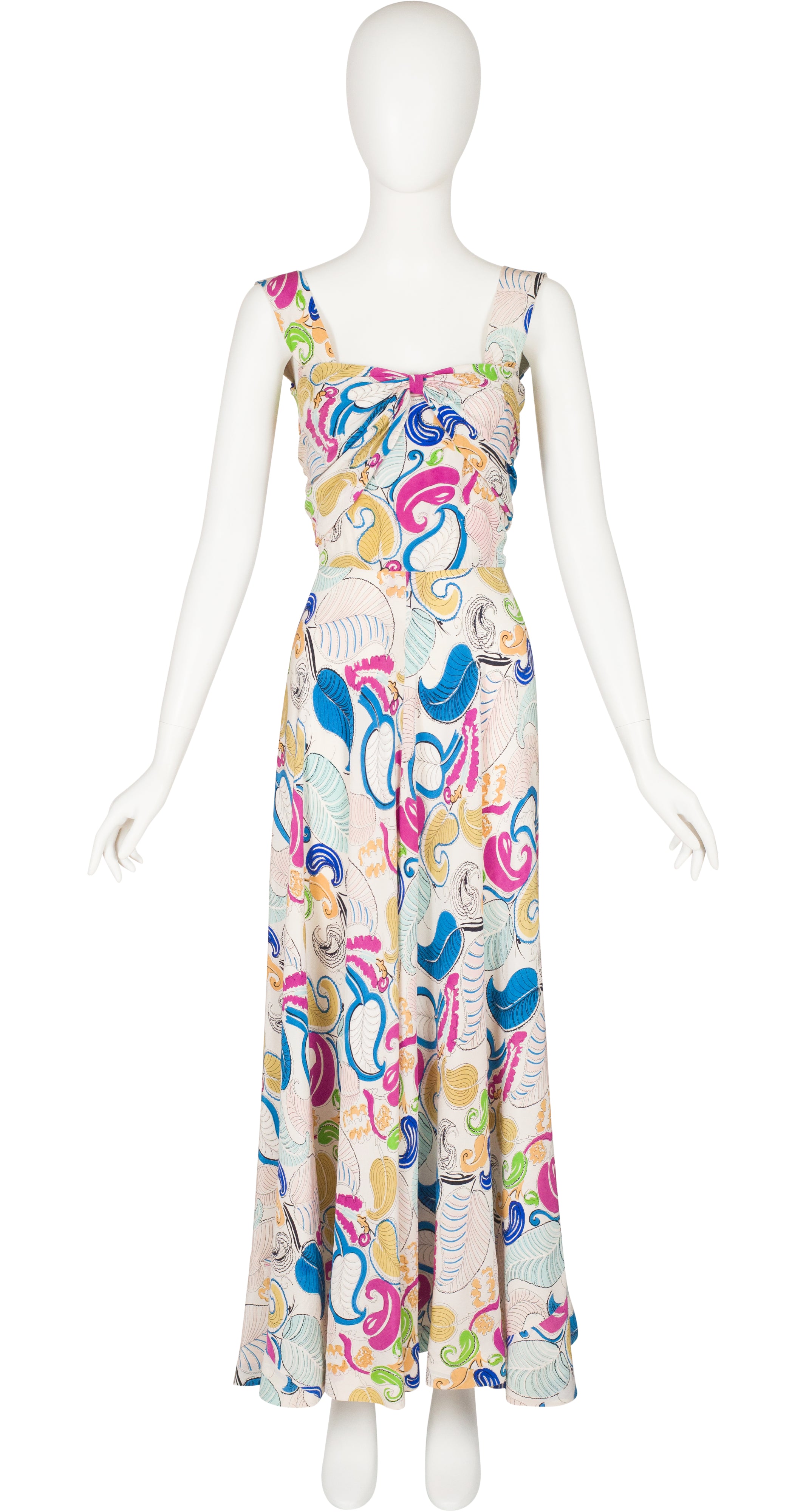 1930s Feather Plume Novelty Print Silk Evening Gown