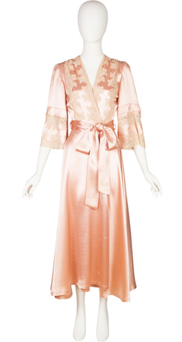 1940s Lace Trim Pink Liquid Satin Dressing Gown