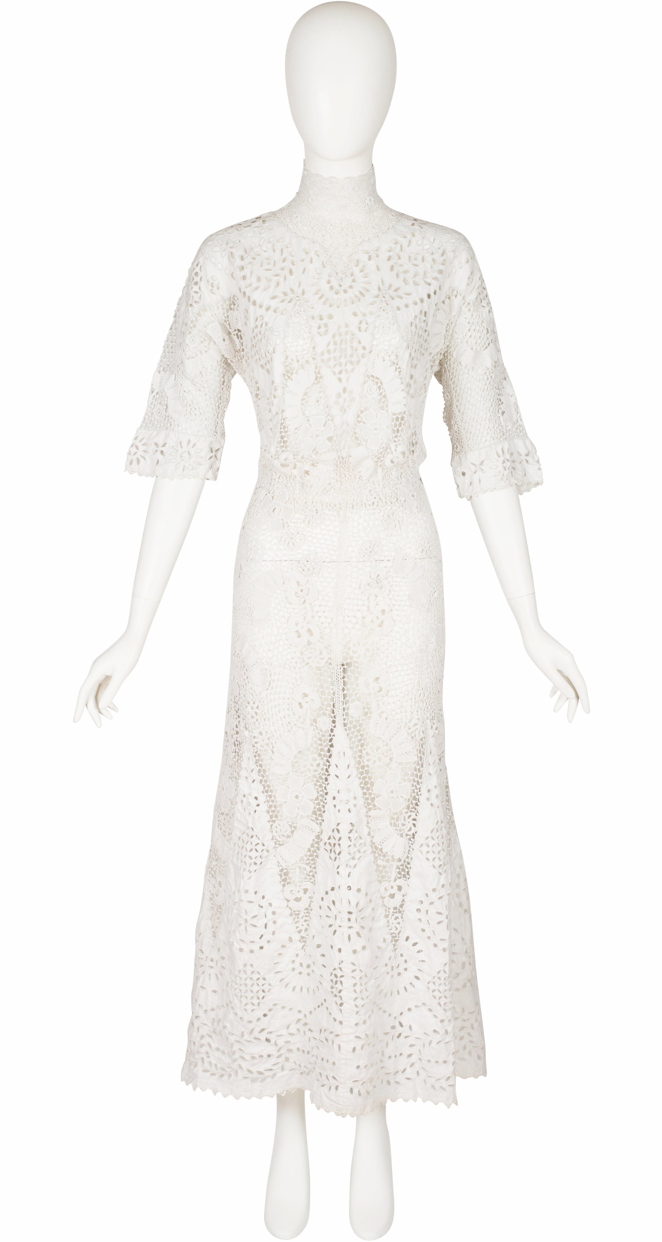 1910s Edwardian White Irish Crochet Lace Tea Gown