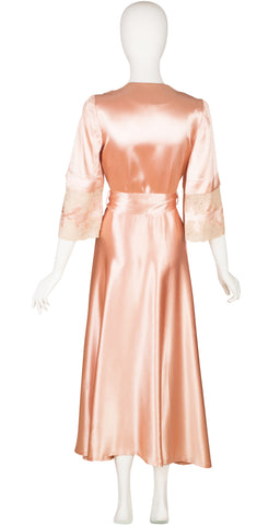 1940s Lace Trim Pink Liquid Satin Dressing Gown