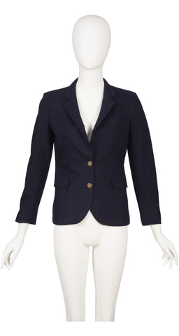 1990s Navy Blue Wool Logo Button Blazer