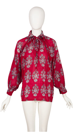 1970s Floral Red Indian Cotton Balloon Sleeve Blouse