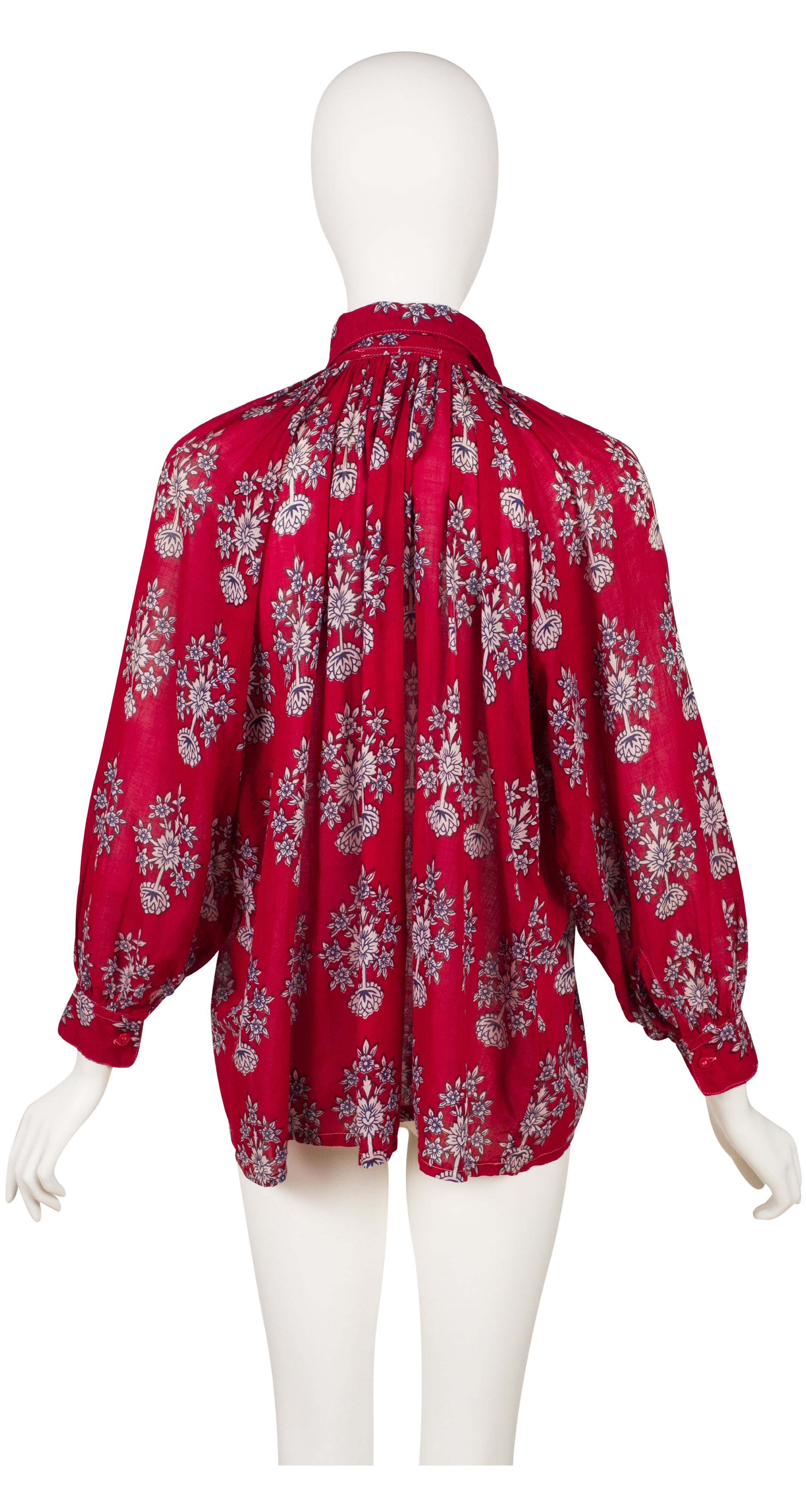 1970s Floral Red Indian Cotton Balloon Sleeve Blouse