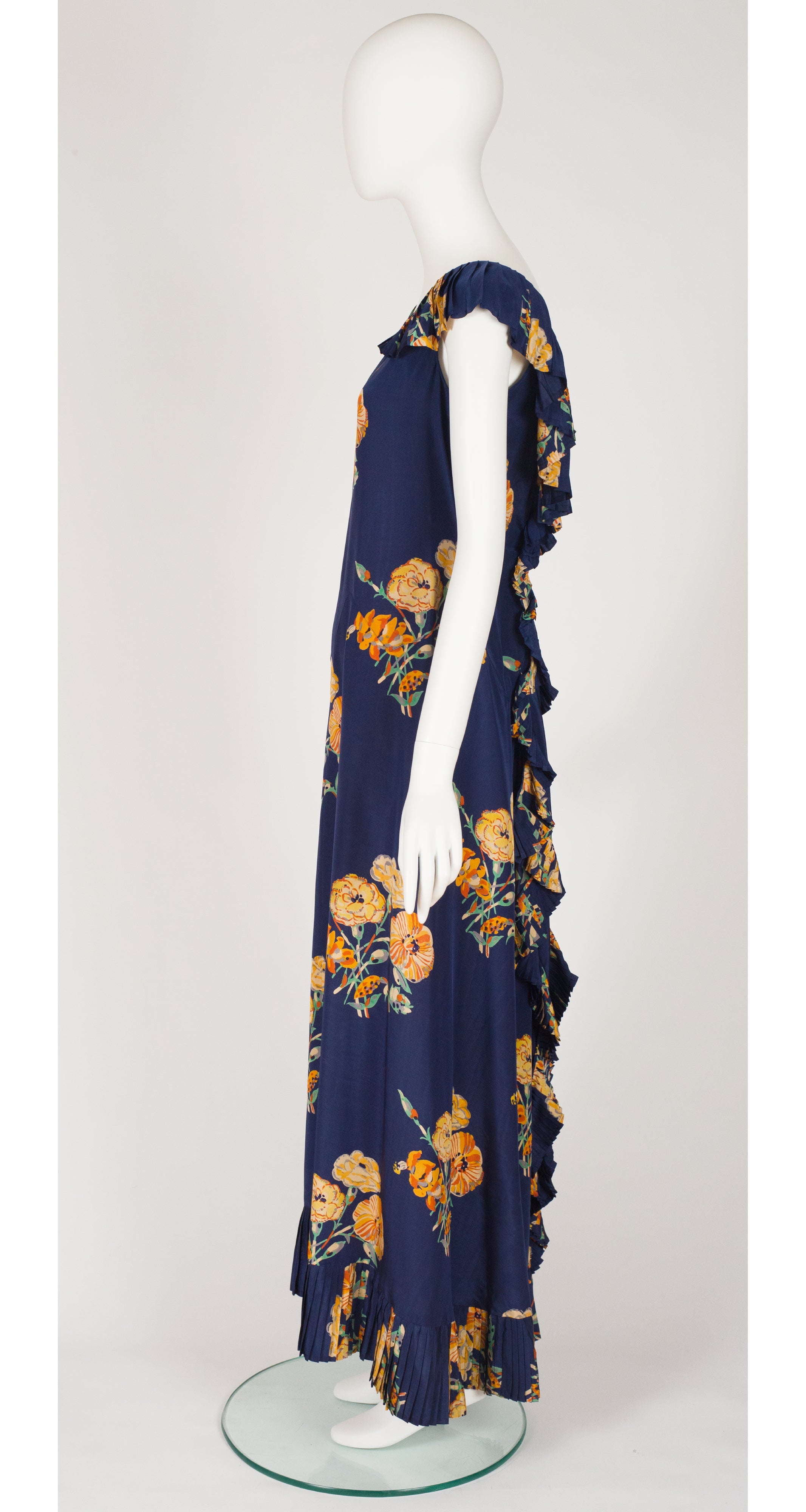 1930s Orange Floral Navy Blue Silk Pleated Trim Bias Cut Gown