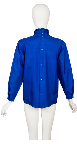 1980s Blue Raw Silk Pleated Collar Blouse