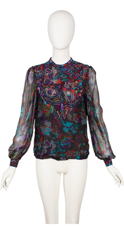 1980s Beaded Silk Chiffon Balloon Sleeve Blouse