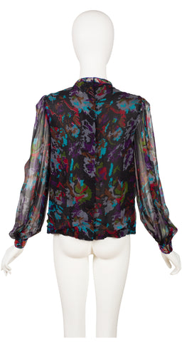 1980s Beaded Silk Chiffon Balloon Sleeve Blouse