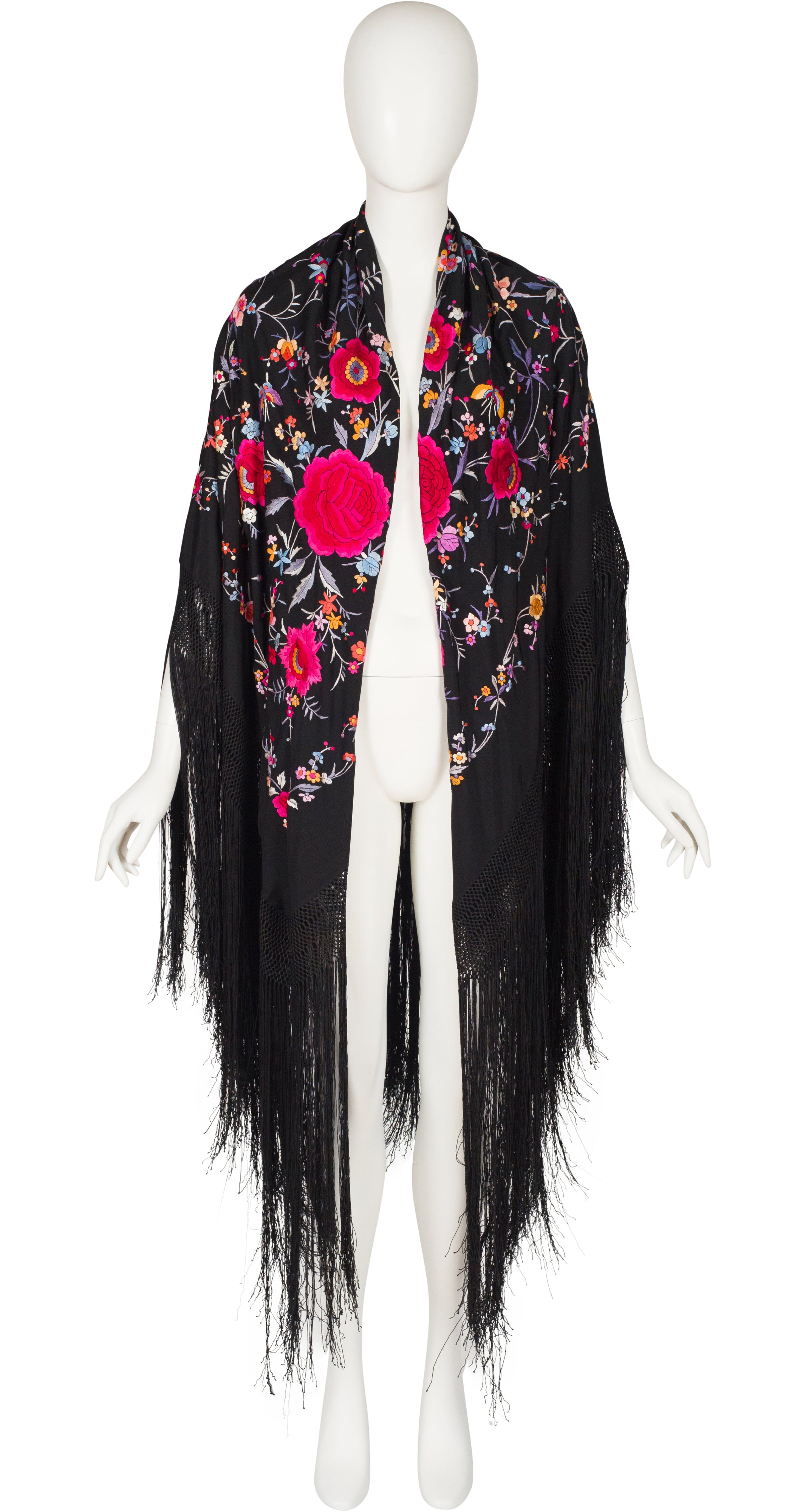 Art Deco Chinese Floral Embroidered Black Silk Fringe Shawl