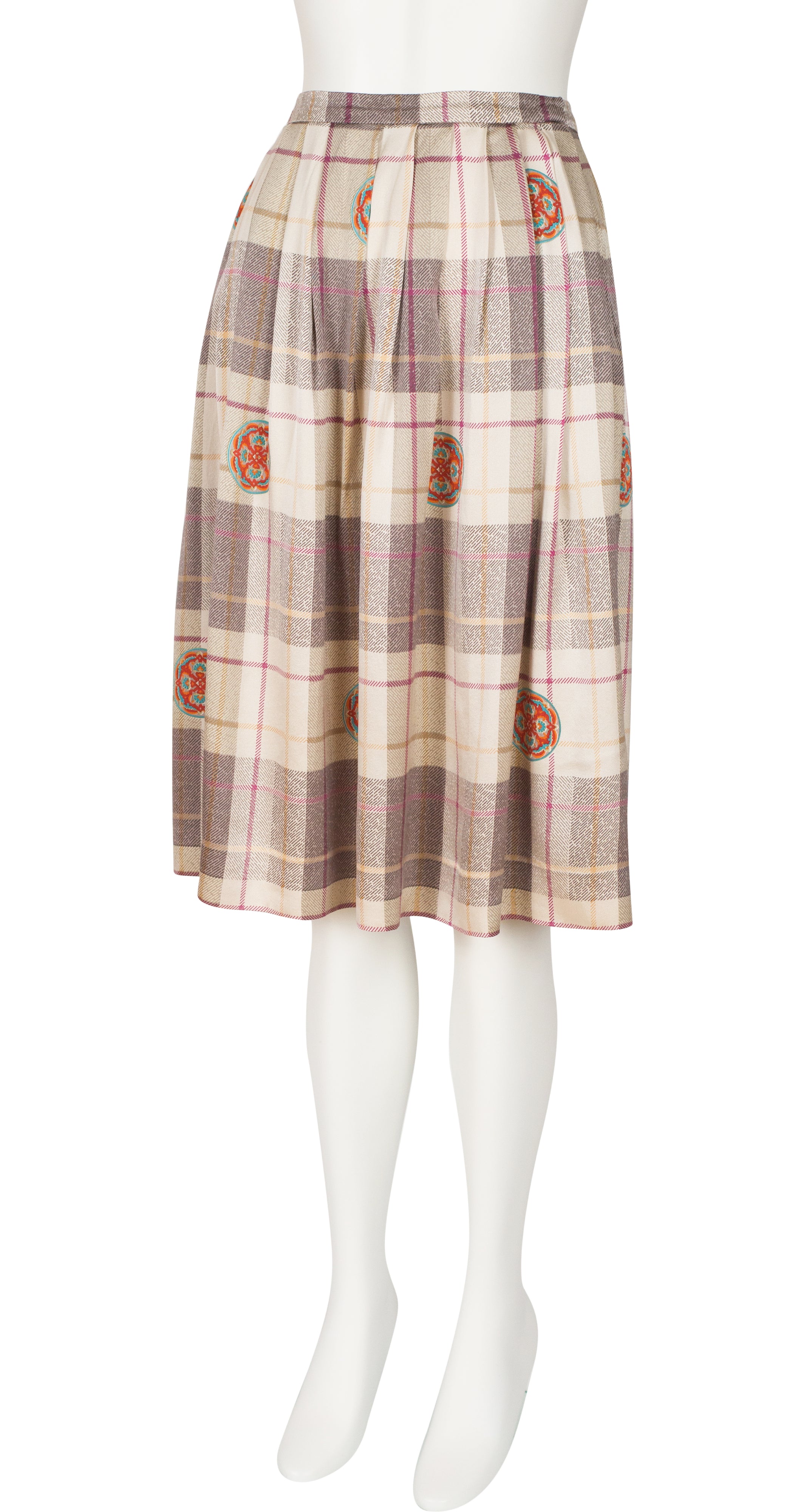 1980s Beige Plaid Silk Blouse & Pleated Skirt Set