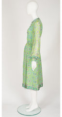 1970s Blue & Green Printed Indian Silk Blouse & Skirt Set