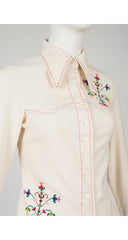 1970s Embroidered Cream Cotton Button-Up Shirt