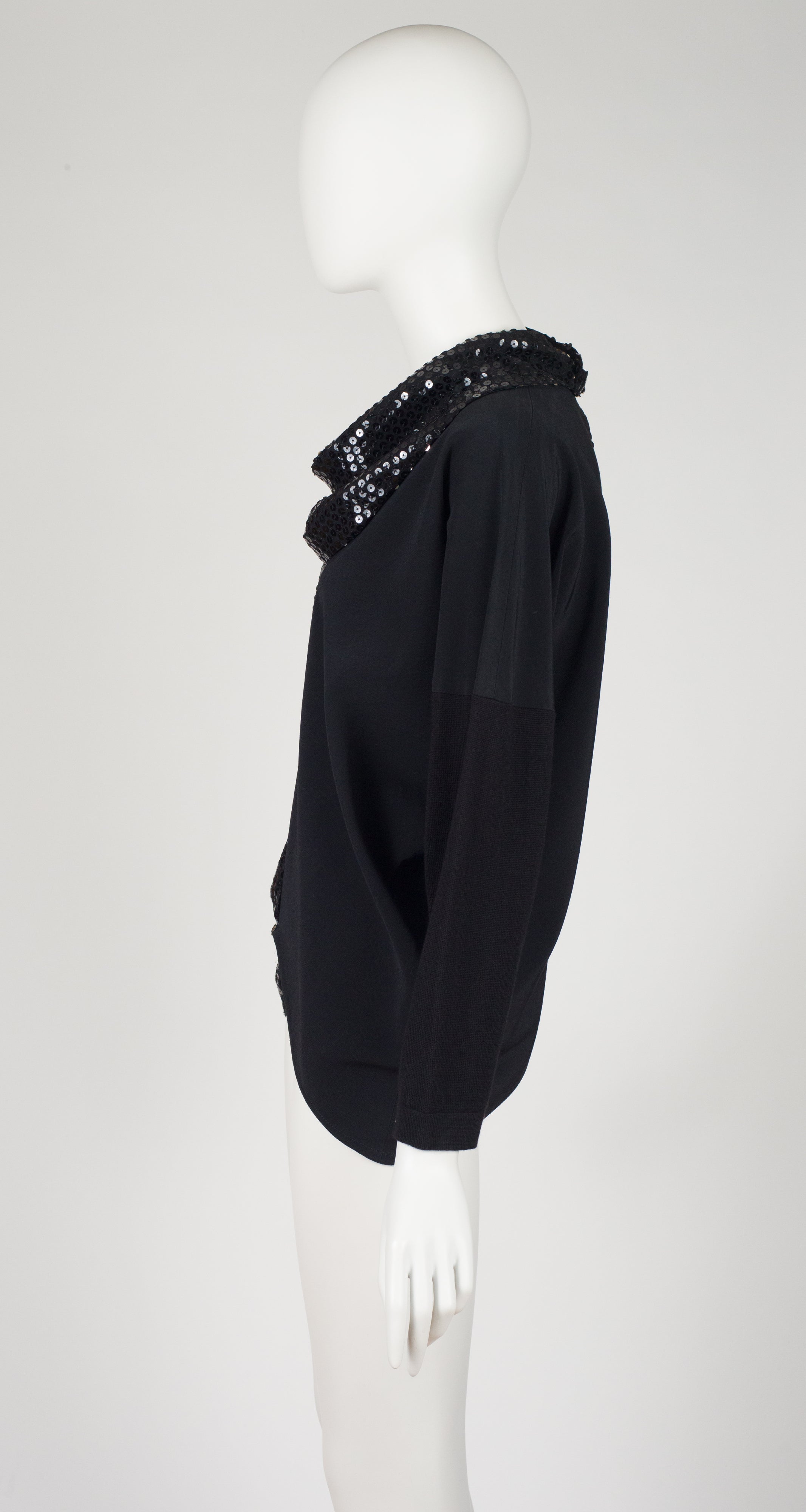 1980s Black Sequin & Wool Long Sleeve Top w/ Neck Piece