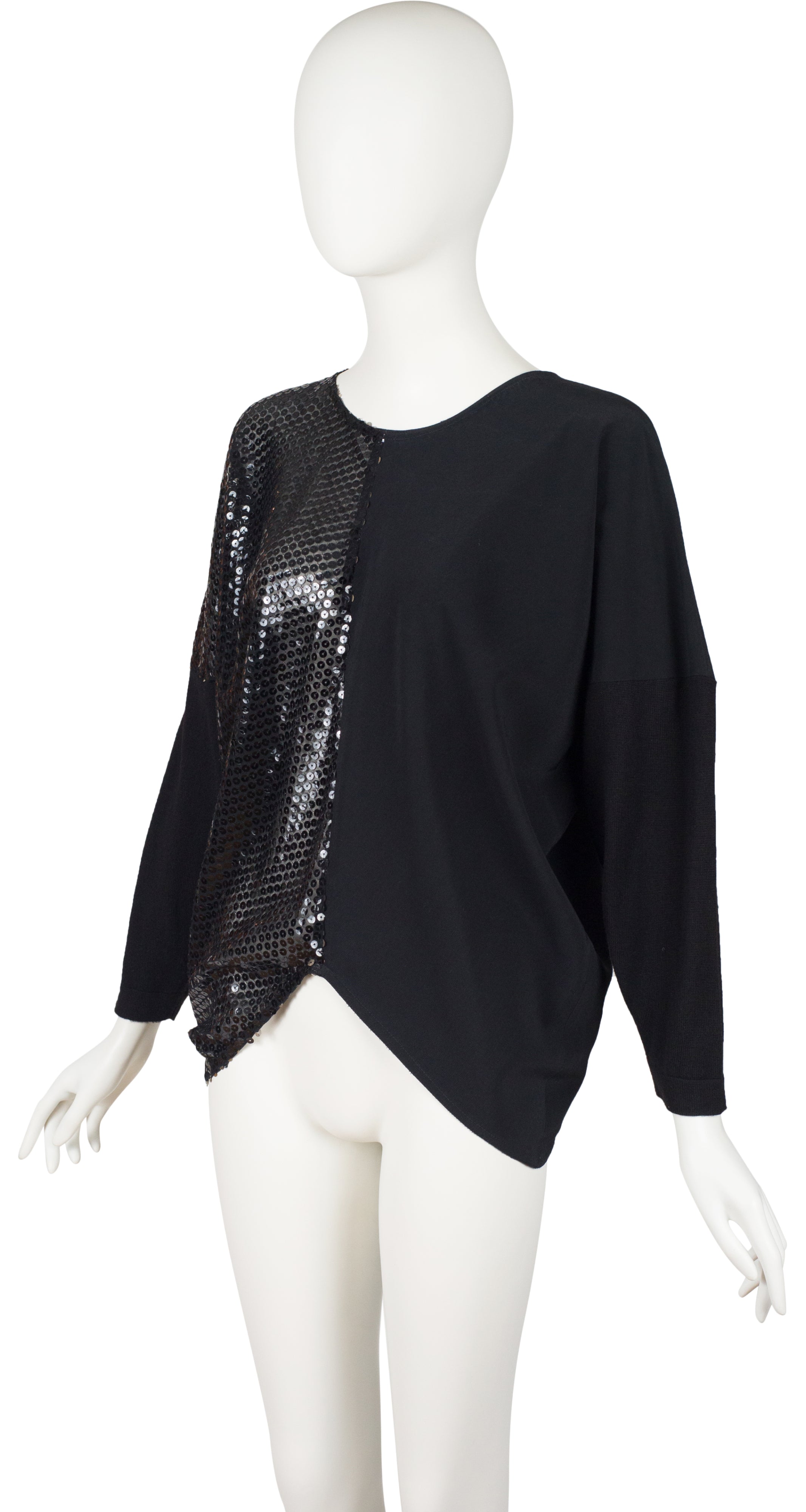 1980s Black Sequin & Wool Long Sleeve Top w/ Neck Piece