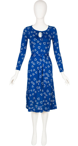 1976 Heart Print Blue Jersey Keyhole Dress