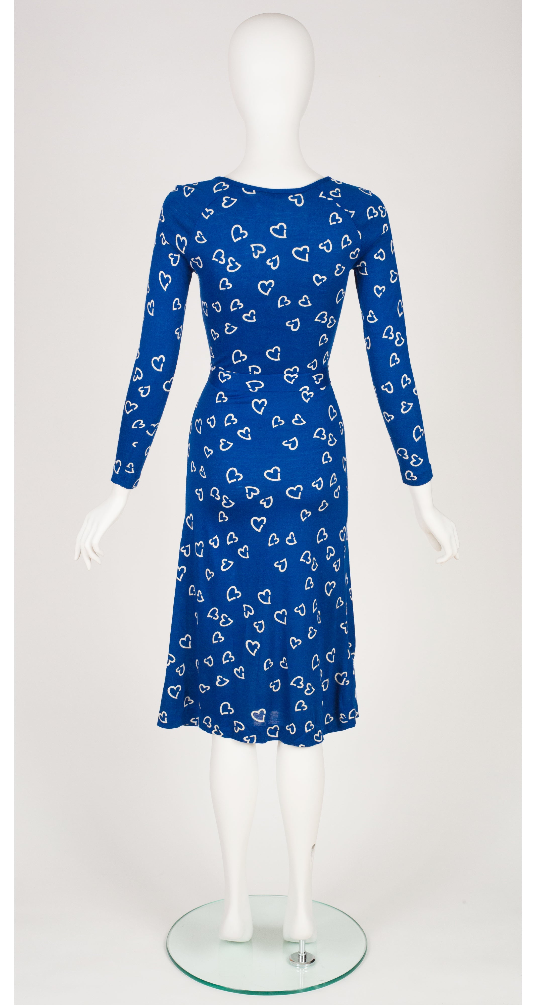 1976 Heart Print Blue Jersey Keyhole Dress