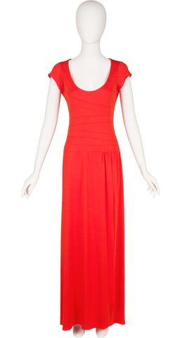 1970s Orange Jersey Scoop Neck Maxi Dress