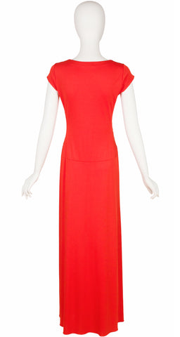 1970s Orange Jersey Scoop Neck Maxi Dress