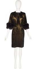 1960s Fox Fur Trim Gold Lurex Cocktail Dress Set