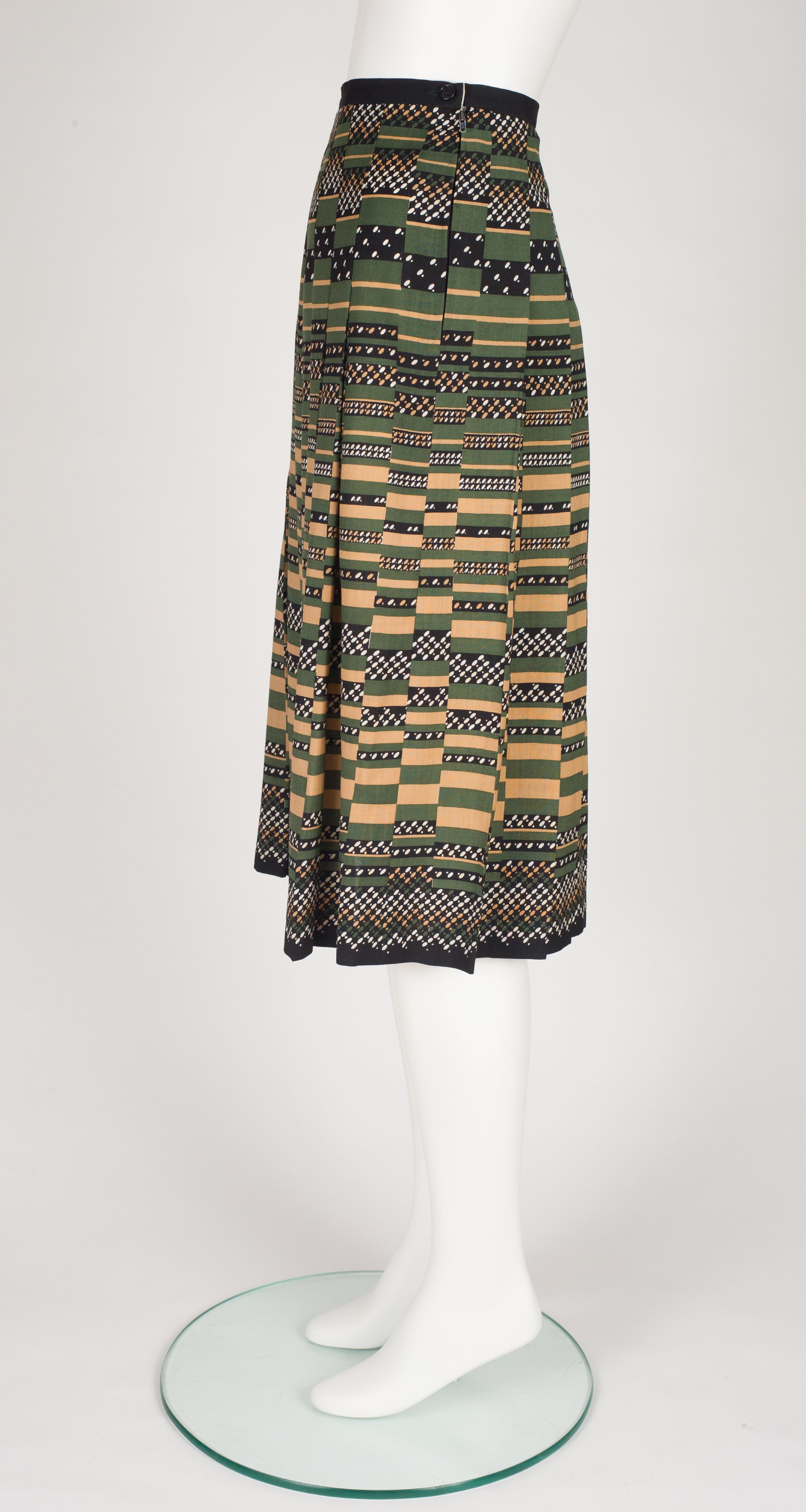 1970s Geometric Print Wool Challis Pleated Skirt