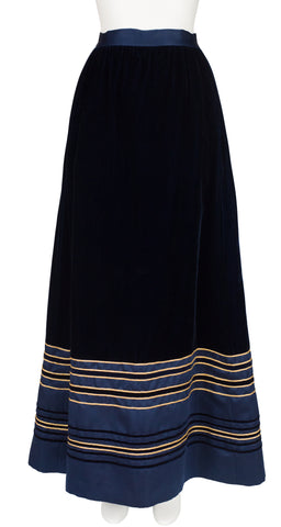 1970s Gold & Navy Velvet Floor Length Evening Skirt