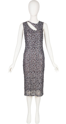 1990s Cut-Out Beaded Gray Floral Lace Evening Dress