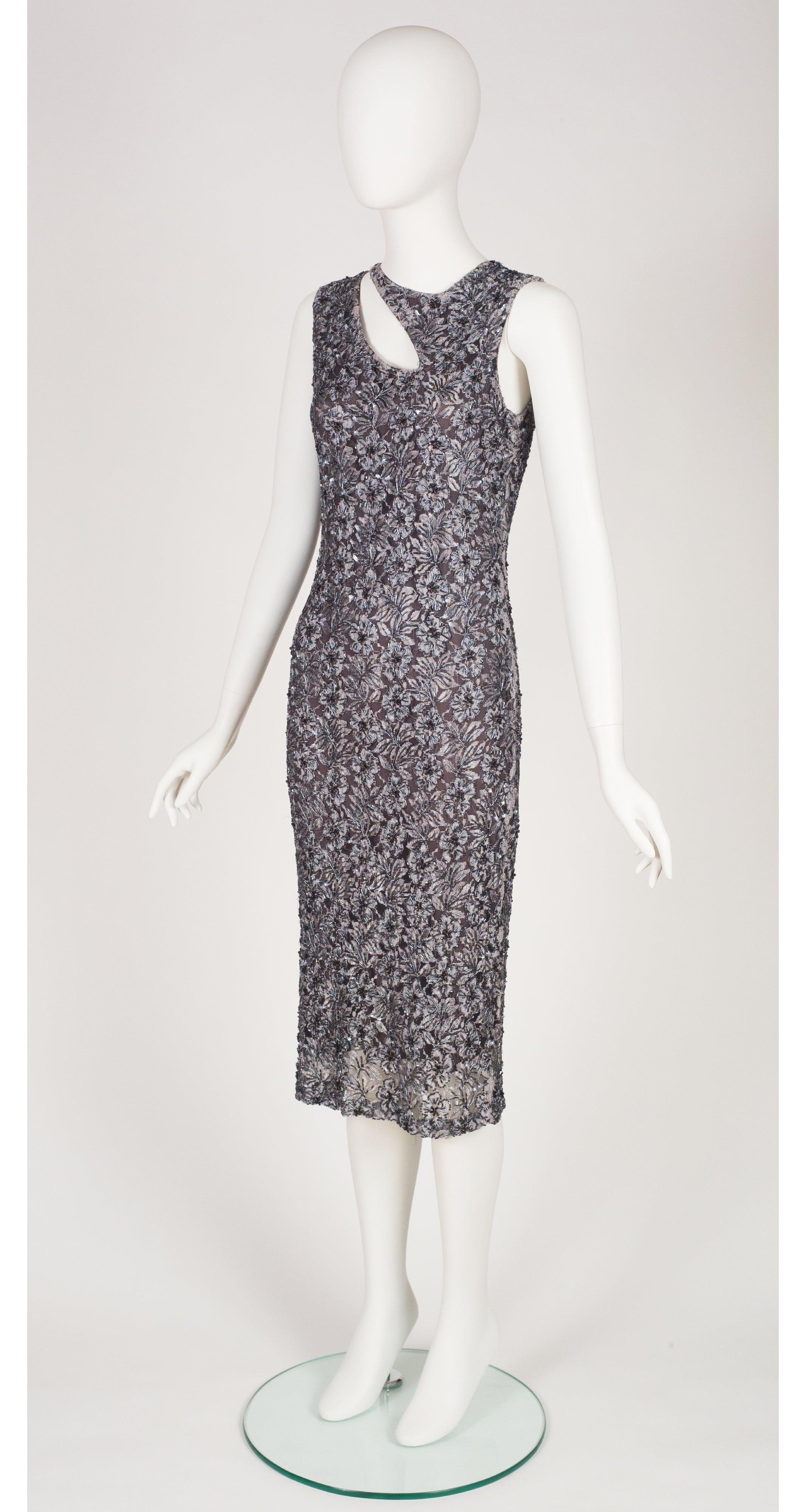 1990s Cut-Out Beaded Gray Floral Lace Evening Dress
