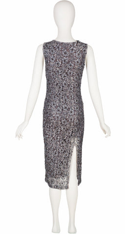 1990s Cut-Out Beaded Gray Floral Lace Evening Dress