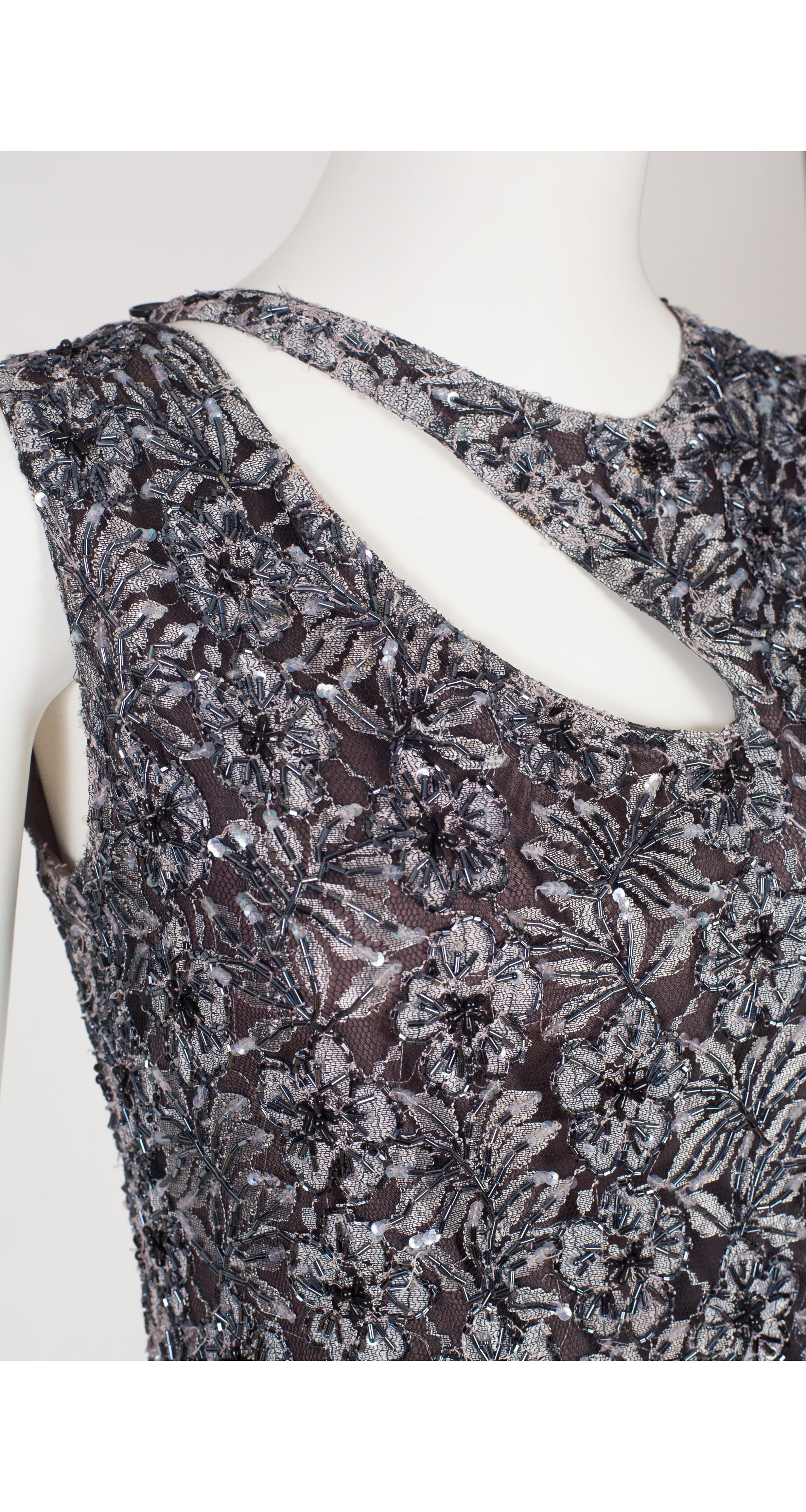 1990s Cut-Out Beaded Gray Floral Lace Evening Dress