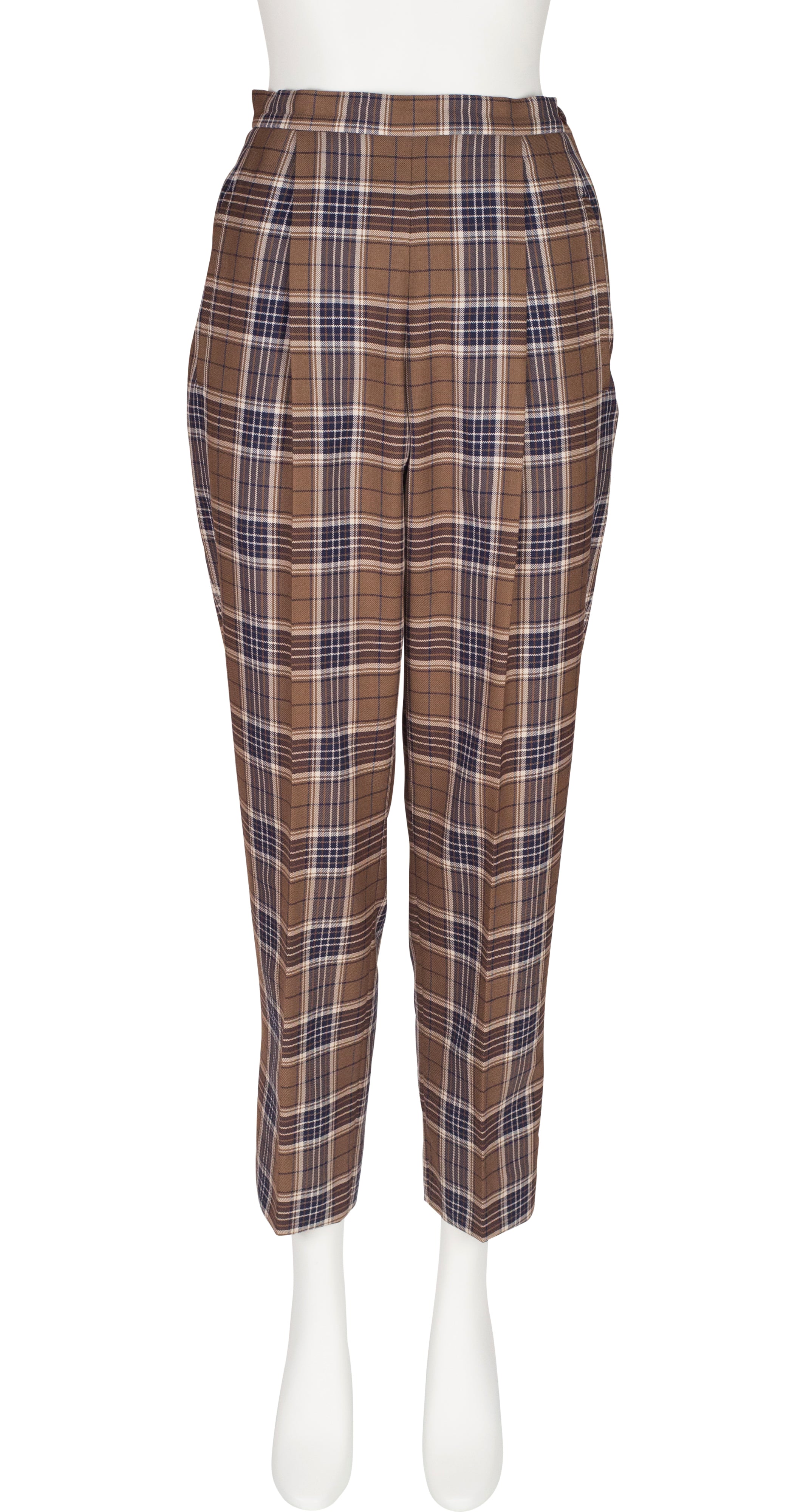 Brown Plaid Wool Pleated Straight-Leg High-Waisted Trousers