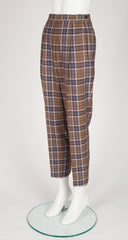 Brown Plaid Wool Pleated Straight-Leg High-Waisted Trousers