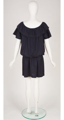 1982 S/S Navy Blue Cotton Jersey Ruffle Collar Blouson Dress