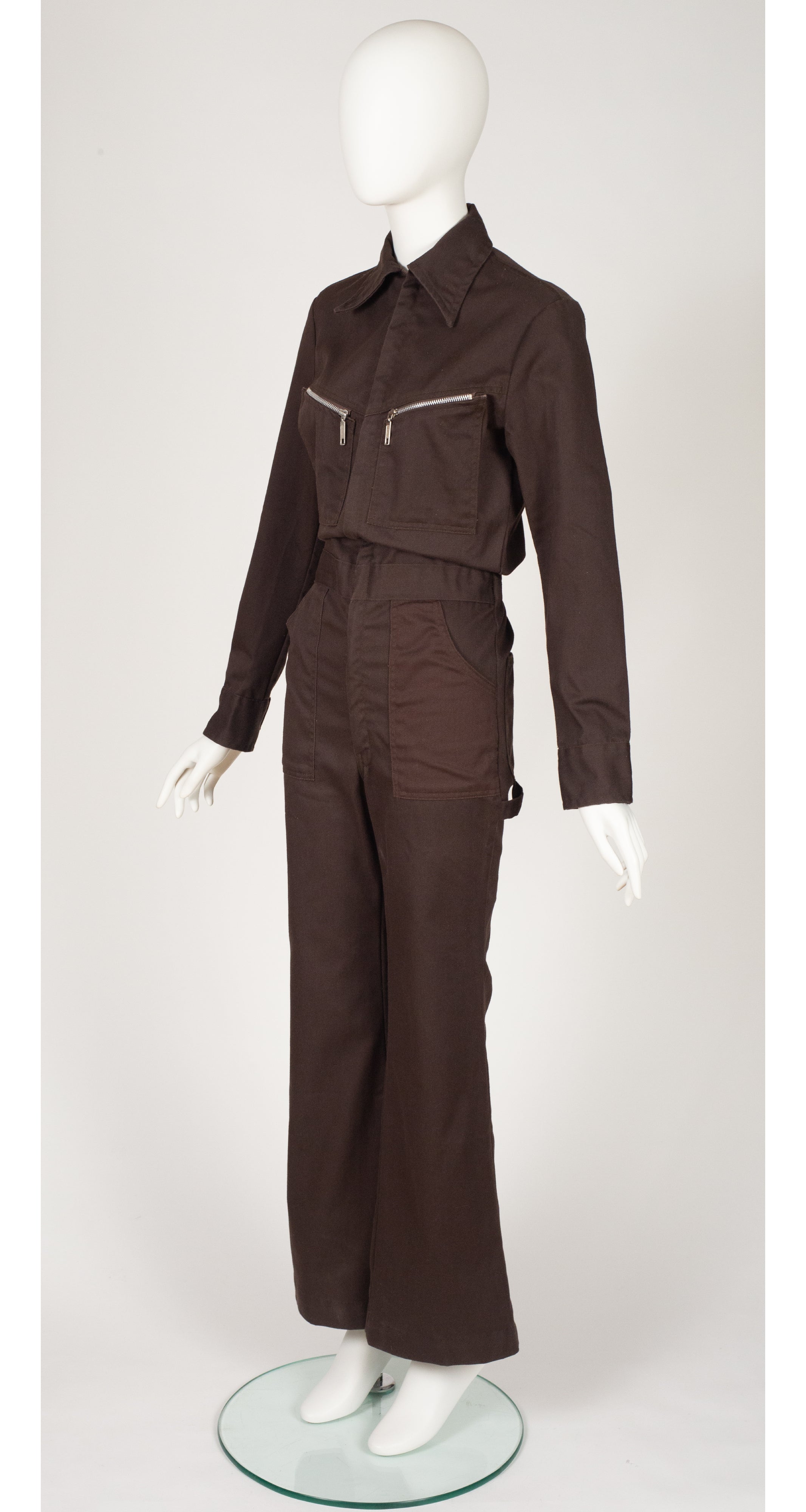 1970s Brown Denim Flared Workwear Jumpsuit
